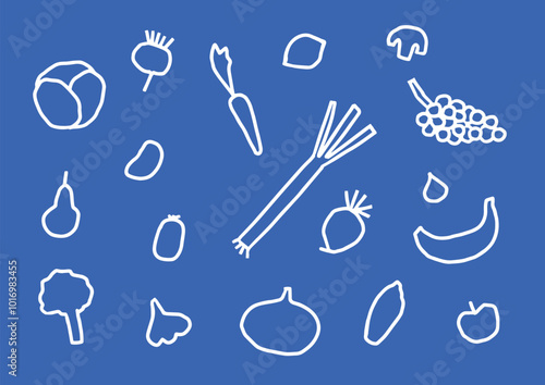 Fruits et légumes, illustration, traits , dessin, vectoriel, vecteurs, végétal, minimaliste, marché, plantes, nature, aliment, potager, nourriture, saison 