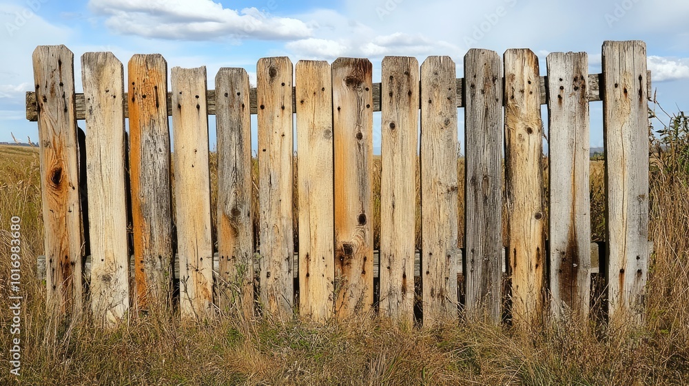 Fototapeta premium Weathered Wooden Fence in a Grassland Setting