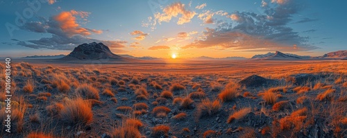 A breathtaking panoramic view of a vibrant, golden sunset casting its glow over a vast, rugged desert landscape with distant mountain ranges and scattered clouds