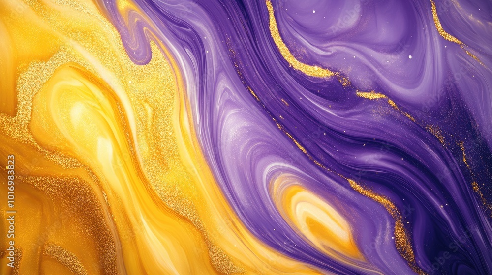 Fototapeta premium Vibrant Liquid Swirls in Golden Hues on Elegant Violet and Yellow Background