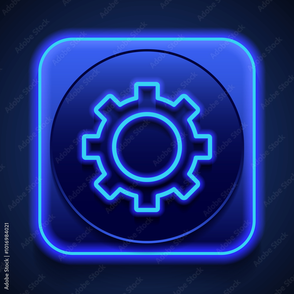 Gear simple icon vector. Flat design. Blue neon style on button. With shadow Gear simple icon vector. Flat design. Blue neon style on button. With shadow