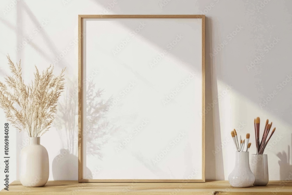 Contemporary Living Room Interior with Stylish Shelf and Artistic Decor, Mockup Poster Frame Contemporary Living Room Interior with Stylish Shelf and Artistic Decor, Mockup Poster Frame