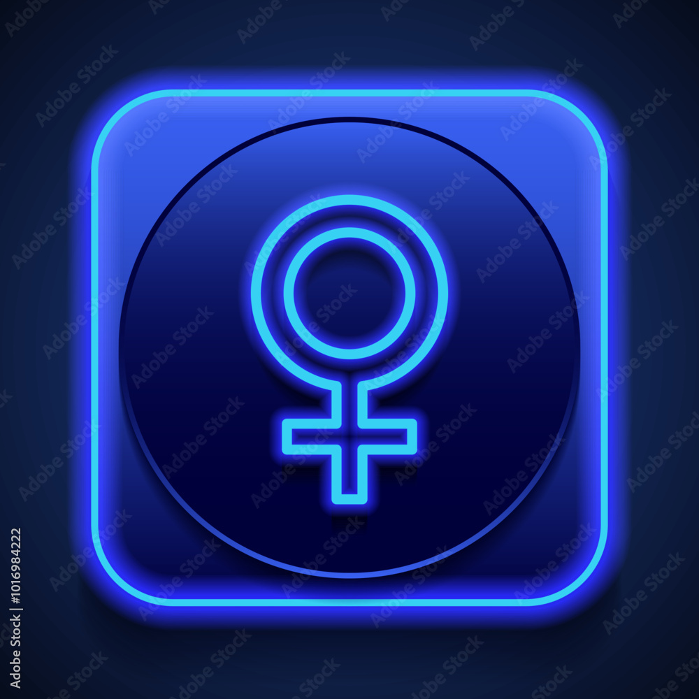 Female simple icon vector. Flat design. Blue neon style on button. With shadow Female simple icon vector. Flat design. Blue neon style on button. With shadow