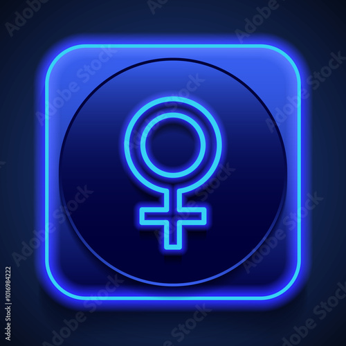 Female simple icon vector. Flat design. Blue neon style on button. With shadow