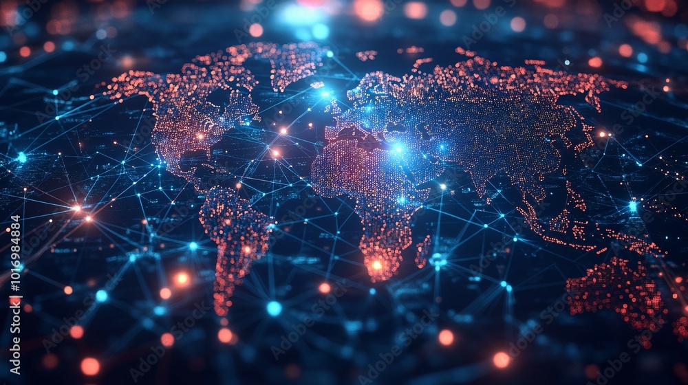 A Digital World Map with Interconnected Nodes and Lines A Digital World Map with Interconnected Nodes and Lines