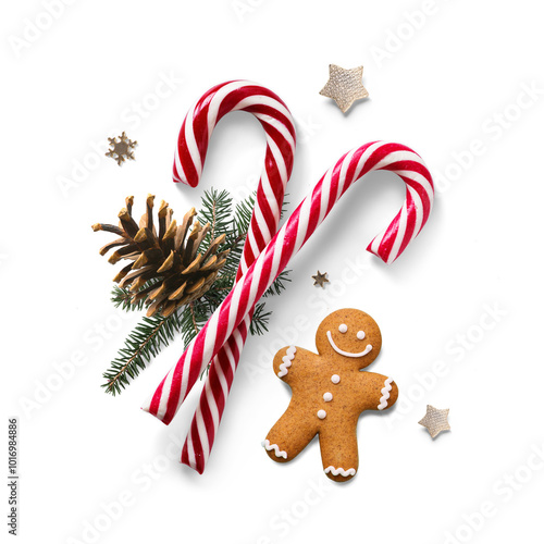 Christmas design element composition with fir tree branches and holiday ornament on transparent.