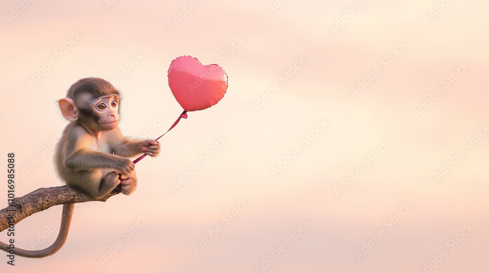 Cute monkey holding heart-shaped balloon, sitting on tree branch during sunset, evoking playful, whimsical theme, concept of innocence and joy Cute monkey holding heart-shaped balloon, sitting on tree branch during sunset, evoking playful, whimsical theme, concept of innocence and joy