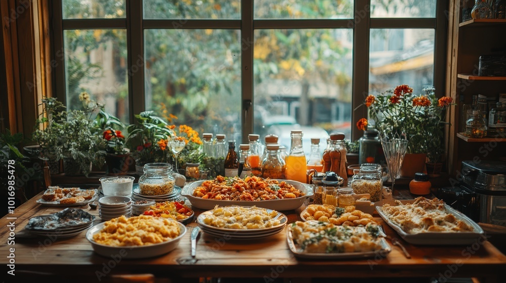 A bountiful breakfast spread on a kitchen table by a large window featuring various dishes and beverages, framed by a serene garden view outside A bountiful breakfast spread on a kitchen table by a large window featuring various dishes and beverages, framed by a serene garden view outside