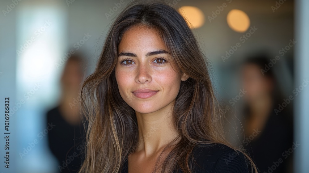 A portrait of a smiling young woman with long brown hair and a black shirt, standing indoors with a softly focused background featuring out-of-focus lights and figures A portrait of a smiling young woman with long brown hair and a black shirt, standing indoors with a softly focused background featuring out-of-focus lights and figures