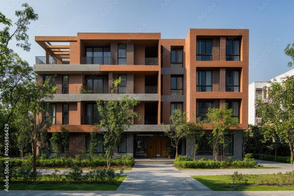 Fototapeta premium Modern Urbanscape: Residential Building Exterior in the Heart of City