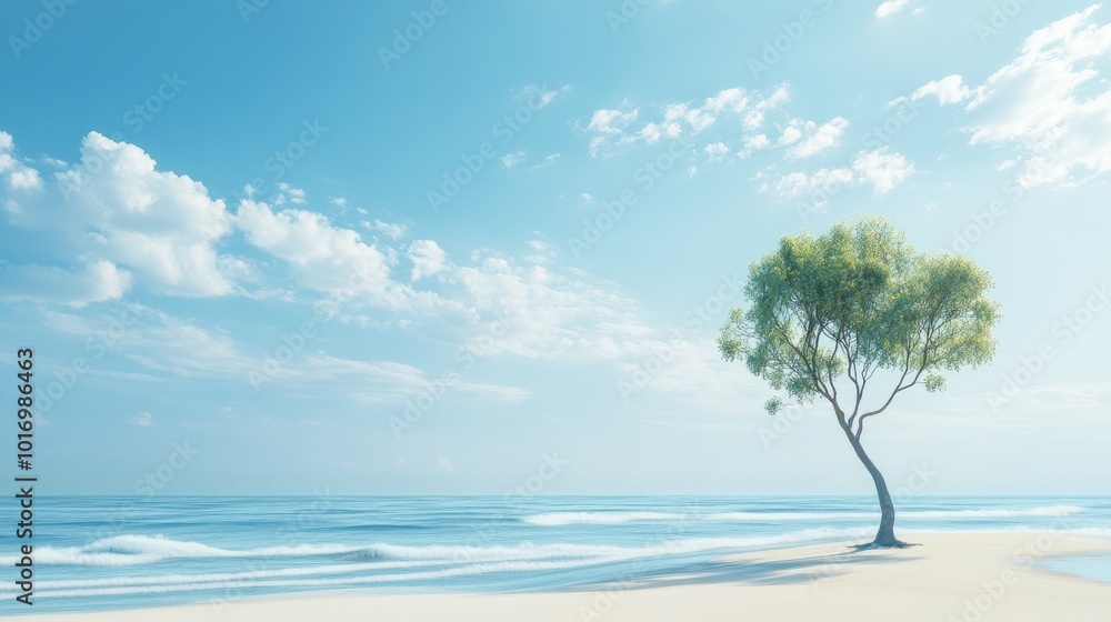 Serene Beach Scene with Lone Tree and Blue Sky Serene Beach Scene with Lone Tree and Blue Sky