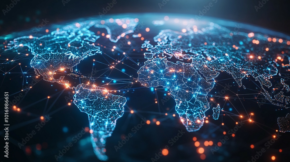 A Digital Representation of the Earth with Glowing Cities and Interconnected Lines A Digital Representation of the Earth with Glowing Cities and Interconnected Lines