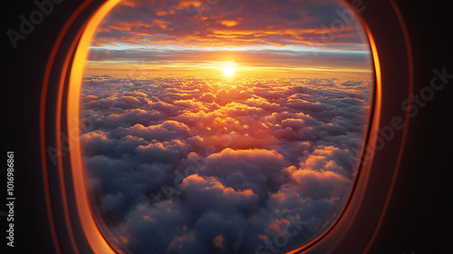 Beautiful view on the bright orange sunset sky with clouds from above . 