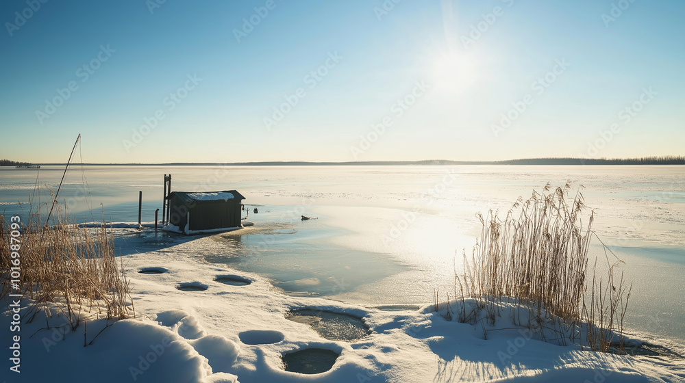Winter Sunrise Over Frozen Lake Ice Fishing Hut Snow Landscape, Calm Water, Sunny Winter Day, Natural Beauty Concept Winter Sunrise Over Frozen Lake Ice Fishing Hut Snow Landscape, Calm Water, Sunny Winter Day, Natural Beauty Concept