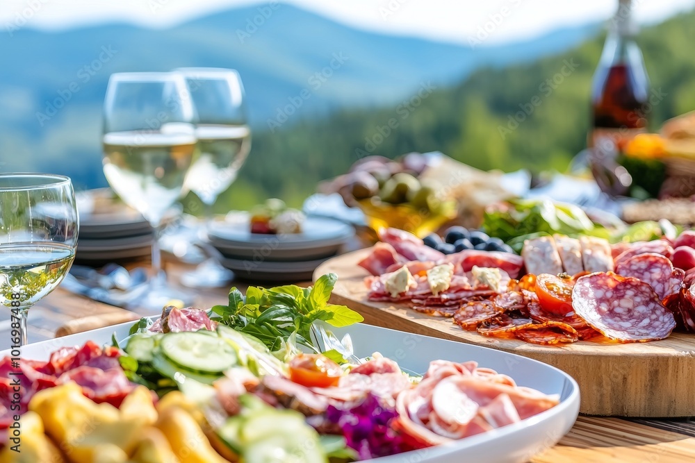 Salad and salami on a wooden table in the garden Salad and salami on a wooden table in the garden