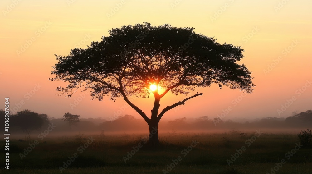 Majestic Tree Silhouette Against Sunrise Background Majestic Tree Silhouette Against Sunrise Background