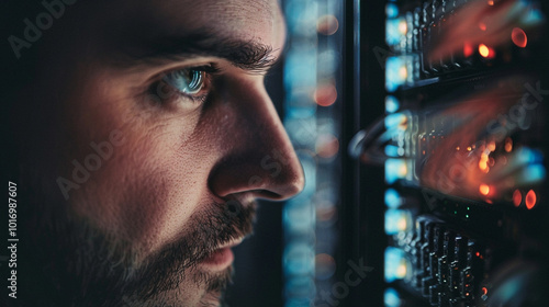 Supercomputer server cabinets technology company, close up man face, Data protection network for cyber security