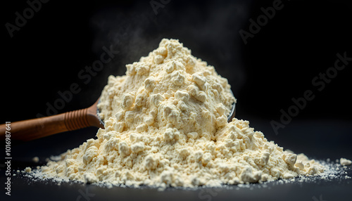 Heap of protein powder in a scoop. Food supplements. Dark background. Bodybuilding, fitness, gym isolated with white highlights, png