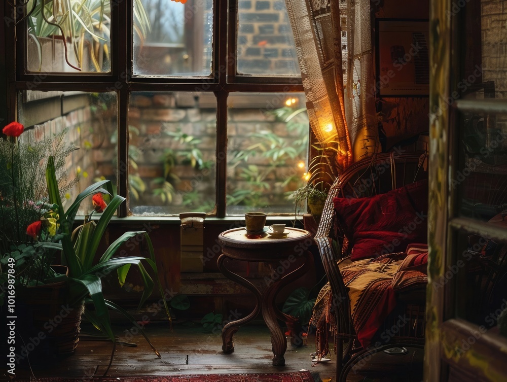 Obraz premium Cozy corner with a cup of tea and plants in a warm, sunlit room during a peaceful afternoon