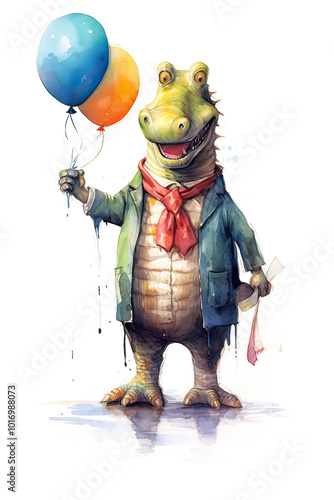 A dinosaur is holding a bunch of balloons in its mouth.