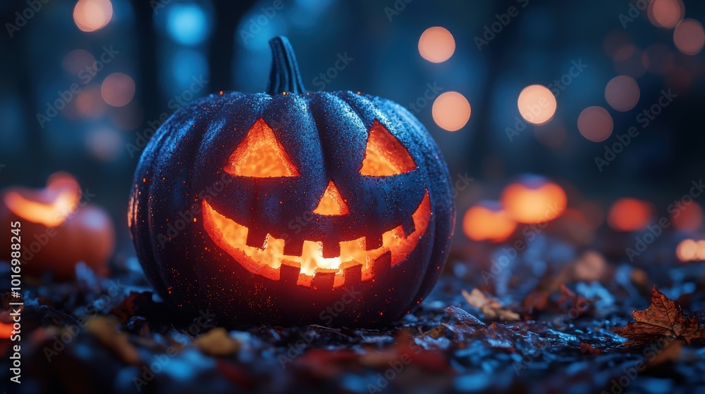 Naklejka premium A glowing jack-o'-lantern carved with a cheerful face is set amidst a background of other pumpkins and autumn leaves, celebrating Halloween in a dimly lit forest