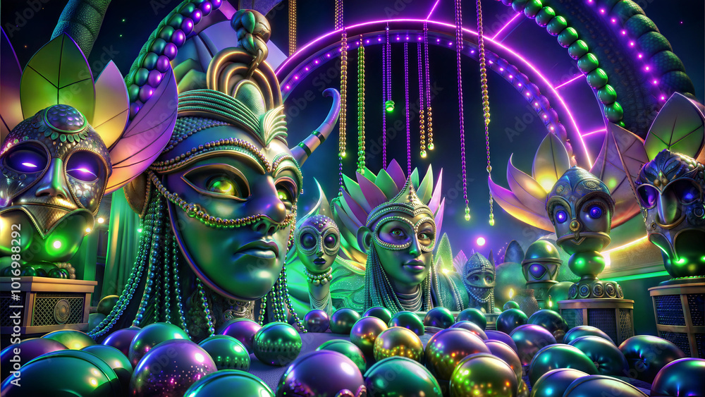 Neon-lit Mardi Gras masks with glowing beads and elaborate designs Neon-lit Mardi Gras masks with glowing beads and elaborate designs