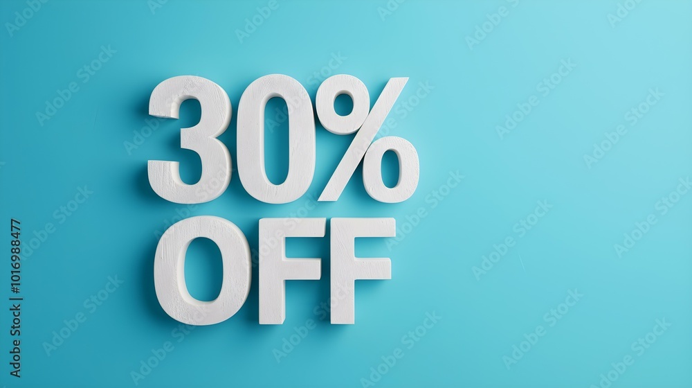 White '30% OFF' Promotional Sign on a Light Blue Background with Copy Space White '30% OFF' Promotional Sign on a Light Blue Background with Copy Space