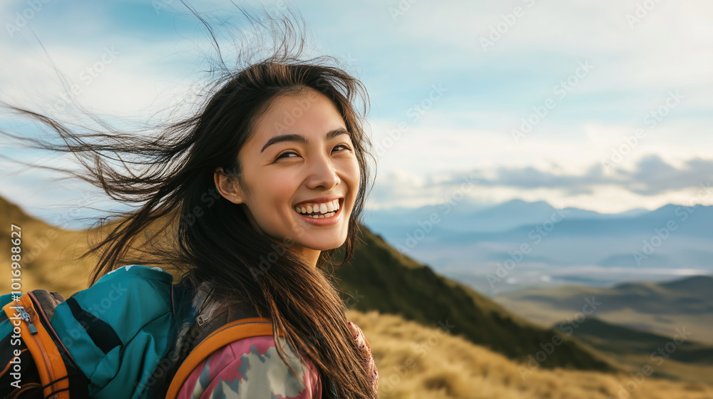 Joyful woman with backpack smiling on scenic mountain hike under clear skies outdoor adventure concept Joyful woman with backpack smiling on scenic mountain hike under clear skies outdoor adventure concept