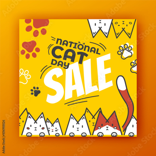 National Cat Day sale. Funny vector banner template. Pet store discount. Bright ads design. Promo offer graphic square layout. Many cute kittens heads peek out. Animal icons frame. Feline signs set