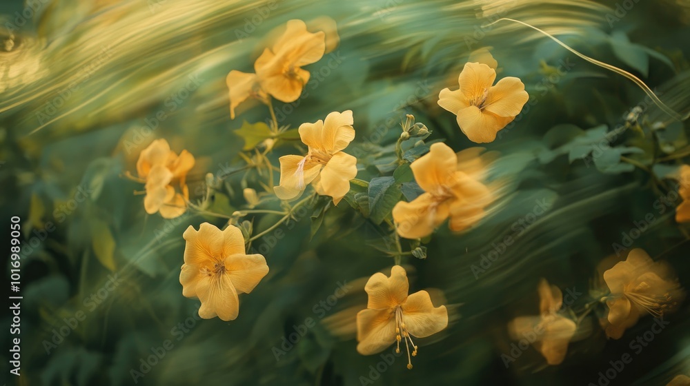 Soft Yellow Blooms Among Green Leaves in Motion Soft Yellow Blooms Among Green Leaves in Motion