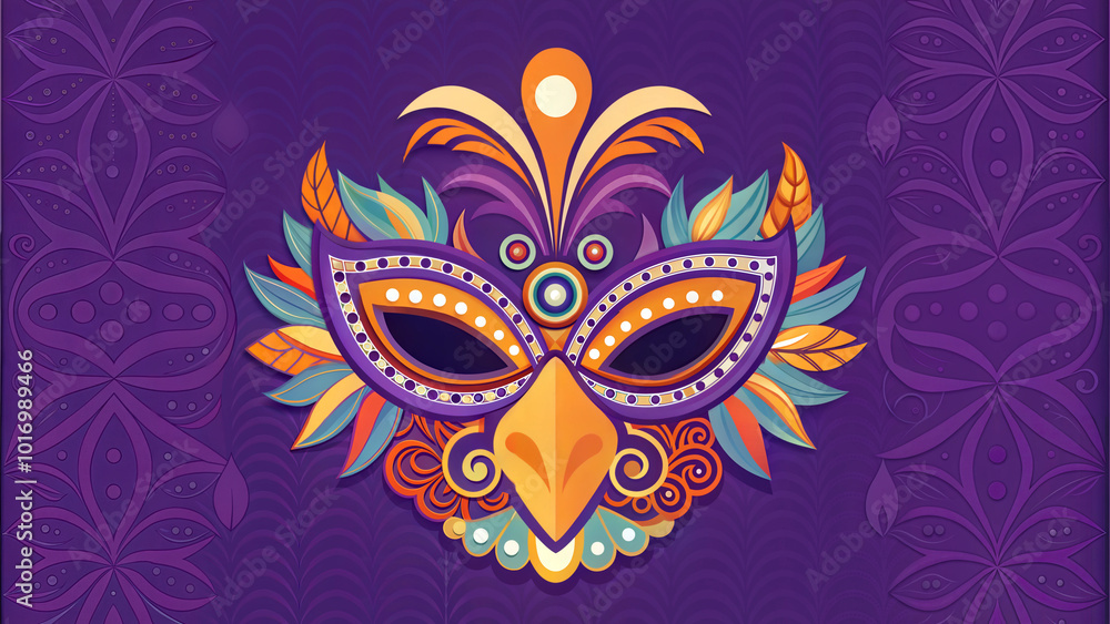 Vibrant bird-themed carnival mask on purple background Vibrant bird-themed carnival mask on purple background