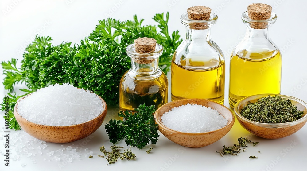 Fine iodized salt, isolated on a clean white background, with decorative parsley and small glass bottles of olive oil Fine iodized salt, isolated on a clean white background, with decorative parsley and small glass bottles of olive oil
