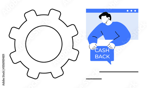 Gear symbol and a person holding a cashback sign in blue. Ideal for marketing, promotions, customer loyalty, savings, and financial rewards. Simple modern style with minimalistic elements