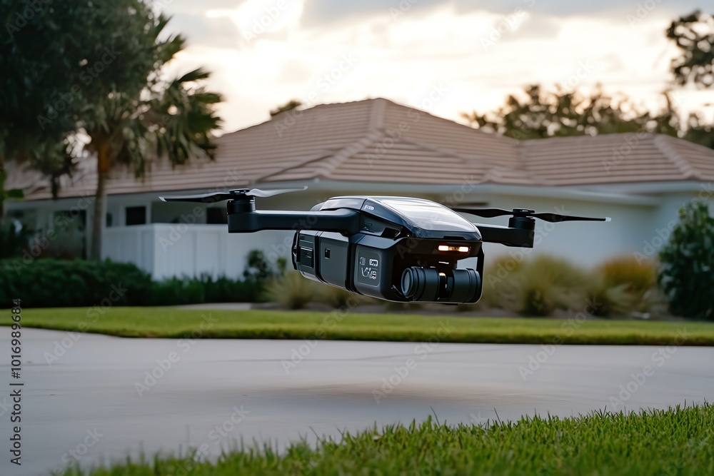 Fototapeta premium Realistic image of a drone delivering a package to a suburban home, representing the future trends in logistics and delivery systems