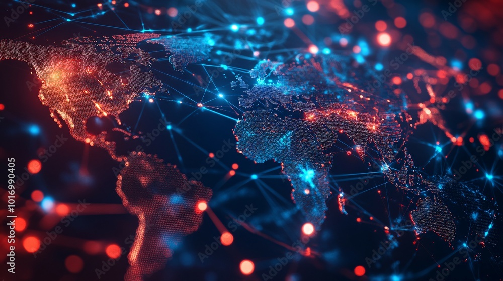 Obraz premium Abstract Digital World Map with Red and Blue Connections