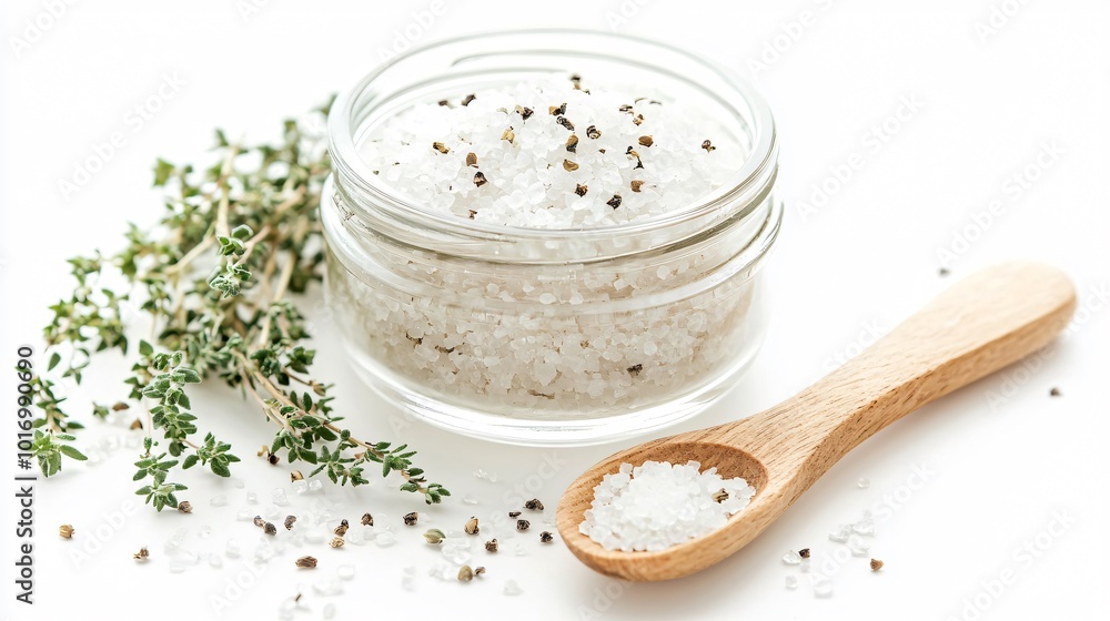 Smoked salt in a small jar, isolated with decorative sprigs of thyme and a wooden salt spoon Smoked salt in a small jar, isolated with decorative sprigs of thyme and a wooden salt spoon