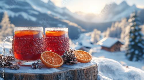 Two mulled wines with oranges and pine cones against a winter landscape photo