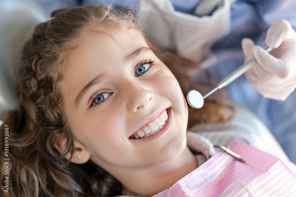 Smiling young girl during a dental exam with a caring pediatric dentist Smiling young girl during a dental exam with a caring pediatric dentist