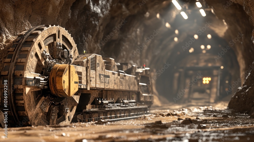 A mining machine in a dimly lit tunnel, showcasing industrial excavation equipment. A mining machine in a dimly lit tunnel, showcasing industrial excavation equipment.