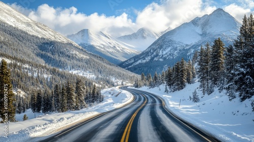 Scenic Winter Road Through Majestic Mountain Landscape