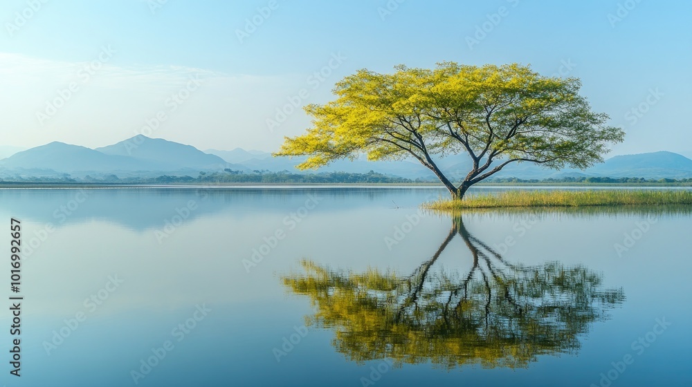 Obraz premium Serene Tree by Calm Water Under Blue Sky
