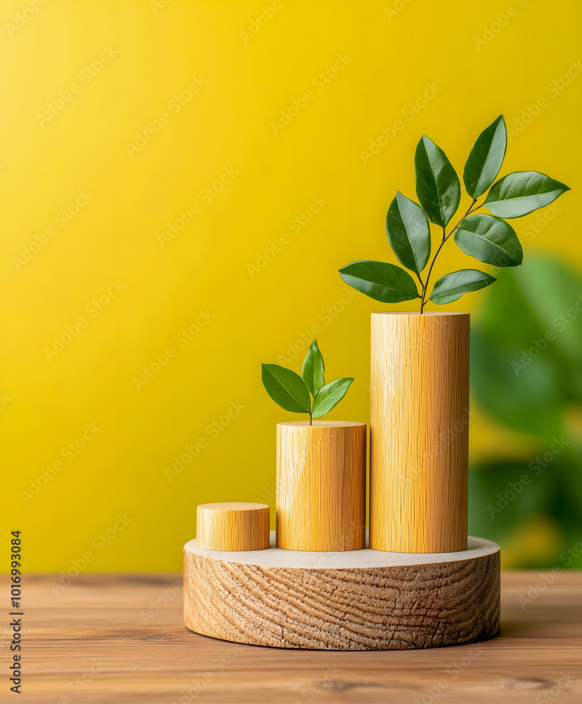 Growth Chart with Wooden Cylinders and Green Leaves on Yellow Background Growth Chart with Wooden Cylinders and Green Leaves on Yellow Background