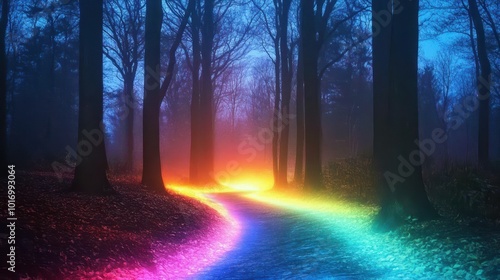 Fototapeta Naklejka Na Ścianę i Meble -  A vibrant rainbow pathway illuminated in a serene forest at twilight, inviting exploration and wonder