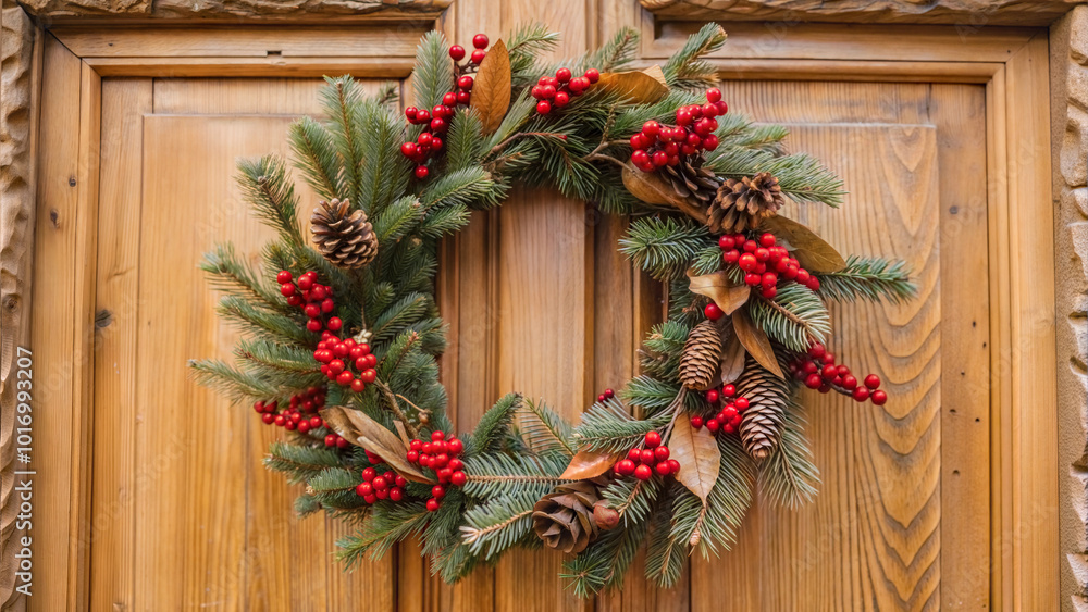 Beautiful Christmas wreath made of evergreen branches, pinecones, and red berries hanging on a wooden door Beautiful Christmas wreath made of evergreen branches, pinecones, and red berries hanging on a wooden door