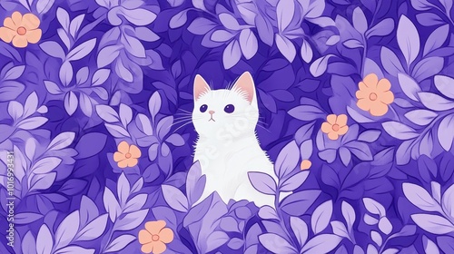 A playful white cat nestled among vibrant purple foliage and pastel flowers in a whimsical illustration