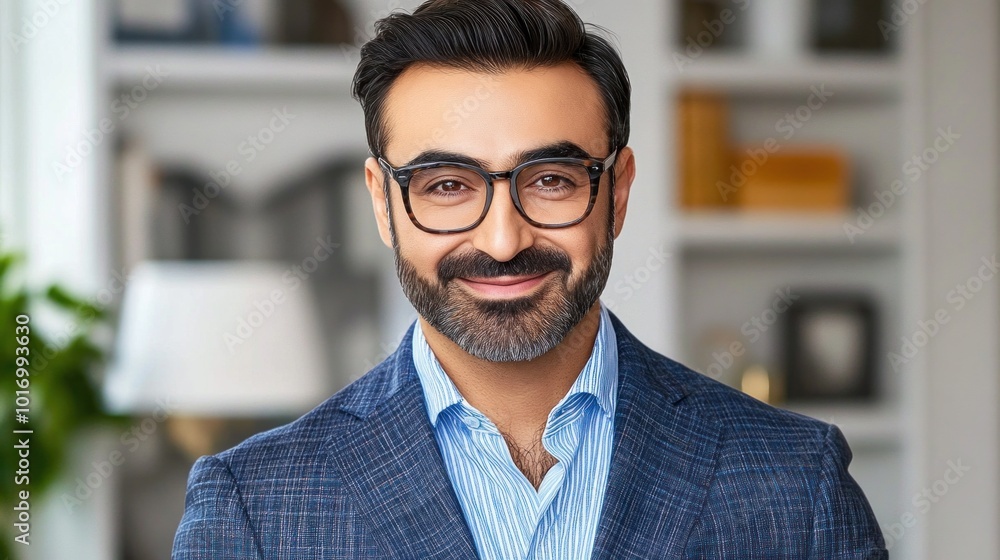 A confident man wearing glasses and a blazer stands in a well-lit office space filled with books and decorative items, showcasing a friendly smile and a relaxed demeanor A confident man wearing glasses and a blazer stands in a well-lit office space filled with books and decorative items, showcasing a friendly smile and a relaxed demeanor