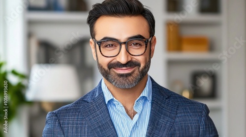 A confident man wearing glasses and a blazer stands in a well-lit office space filled with books and decorative items, showcasing a friendly smile and a relaxed demeanor