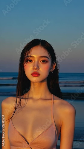 Wallpaper Mural 夕暮れのビーチでの正面からの自然なショット、アジアンモデル Torontodigital.ca