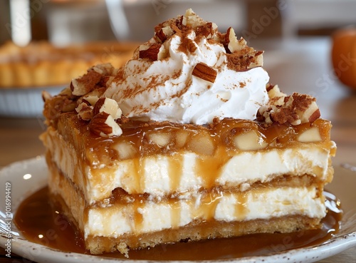 A slice of pumpkin lasagna with caramel drizzle and whipped cream on top, showcasing its layers of breaded sponge cake