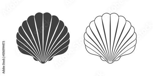 Scallop seashell logo. Isolated silhouette and contour drawing of a scallop on a white background. 